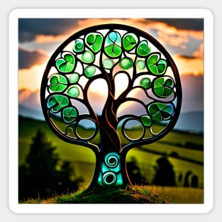 Shamrock Stained Glass Fantasy Tree at Sunset Sticker